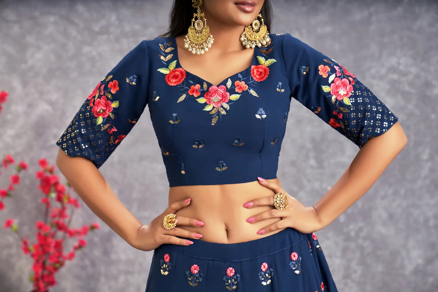Teal blue georgette lehenga choli with thread embroidery and sequins