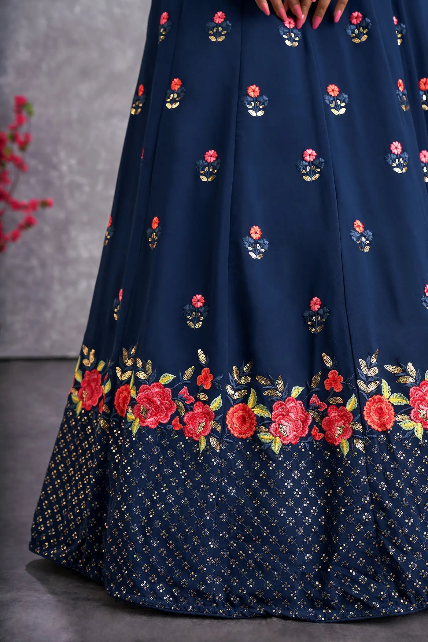 Teal blue georgette lehenga choli with thread embroidery and sequins