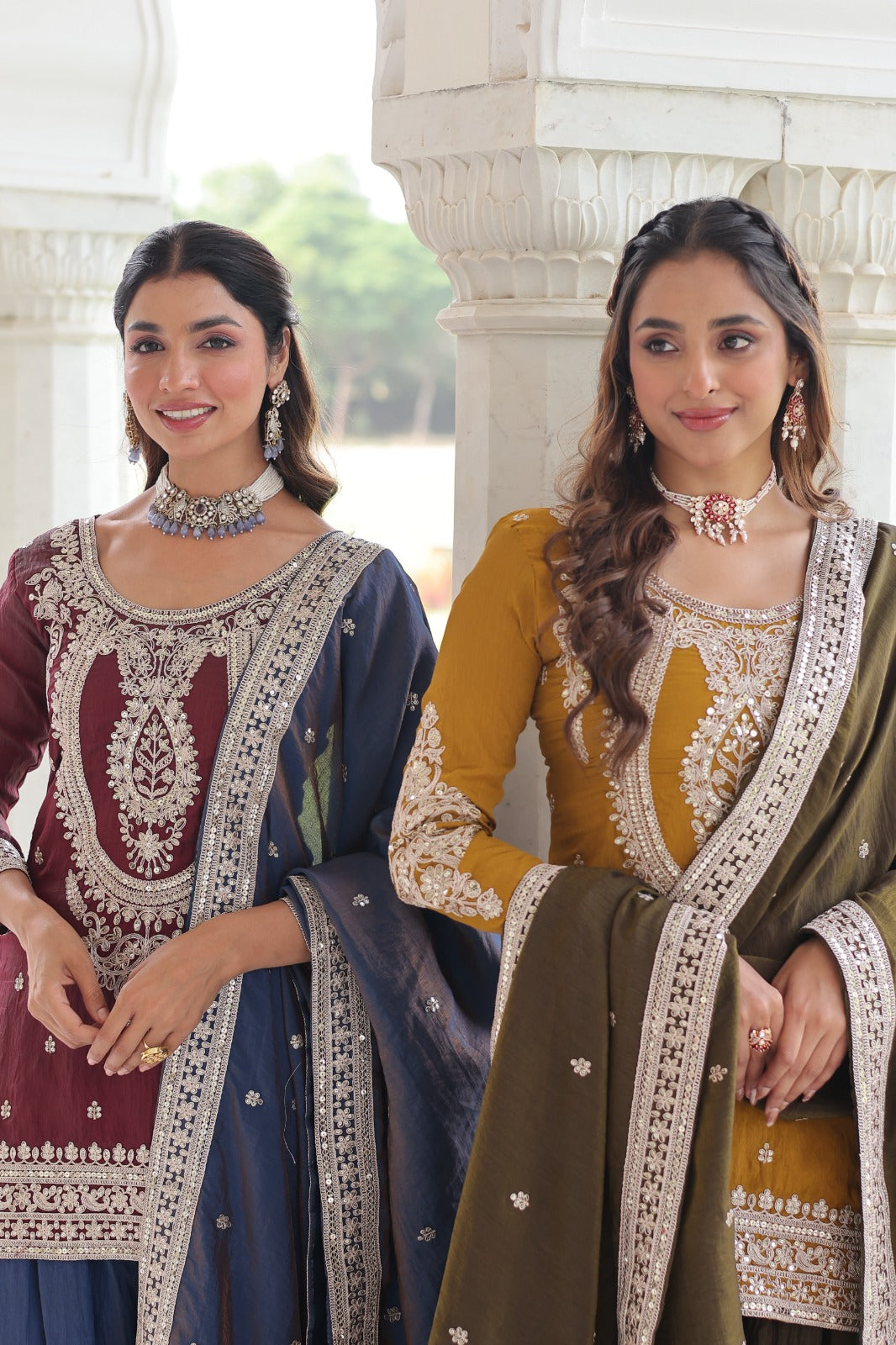 Ensemble Salwar Sharara Jaune Moutarde et Marron Henna COLLECTION SARRA