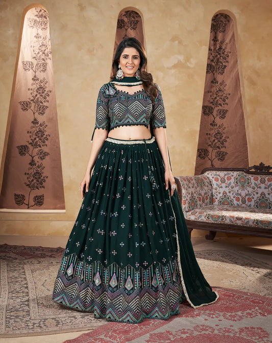 Ensemble Lehenga Vert Émeraude | Georgette avec Motifs Métallisés