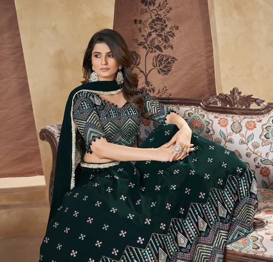 Ensemble Lehenga Vert Émeraude | Georgette avec Motifs Métallisés