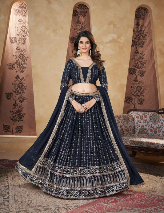 Lehenga choli bleu marine en georgette avec motifs en feuille métallique colorée
