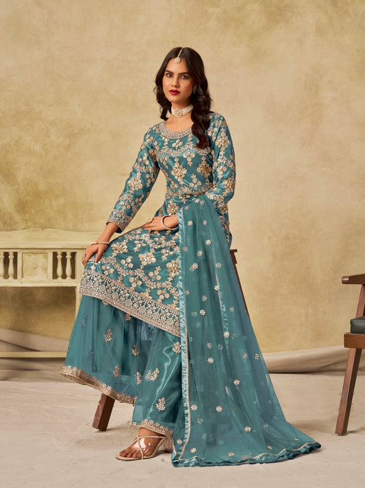 Salwar suit bleu aqua en net COLLECTION SIMARAN
