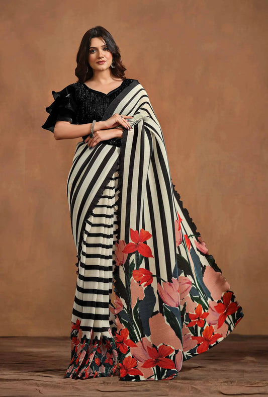 Sari Prêt-à-Porter Ready-made noir et blanc avec imprimé floral et rayures glamour