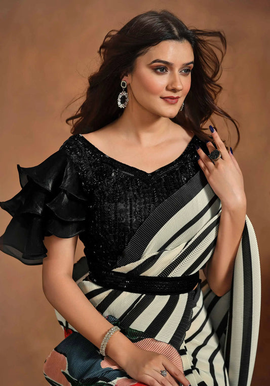 Sari Prêt-à-Porter Ready-made noir et blanc avec imprimé floral et rayures glamour