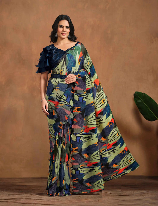 Sari Une Minute Ready-to-wear Bleu Aqua imprimé vert multicolore glamour avec broderies artisanales