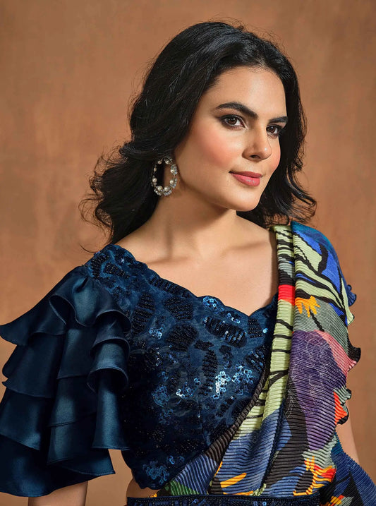 Sari Une Minute Ready-to-wear Bleu Aqua imprimé vert multicolore glamour avec broderies artisanales