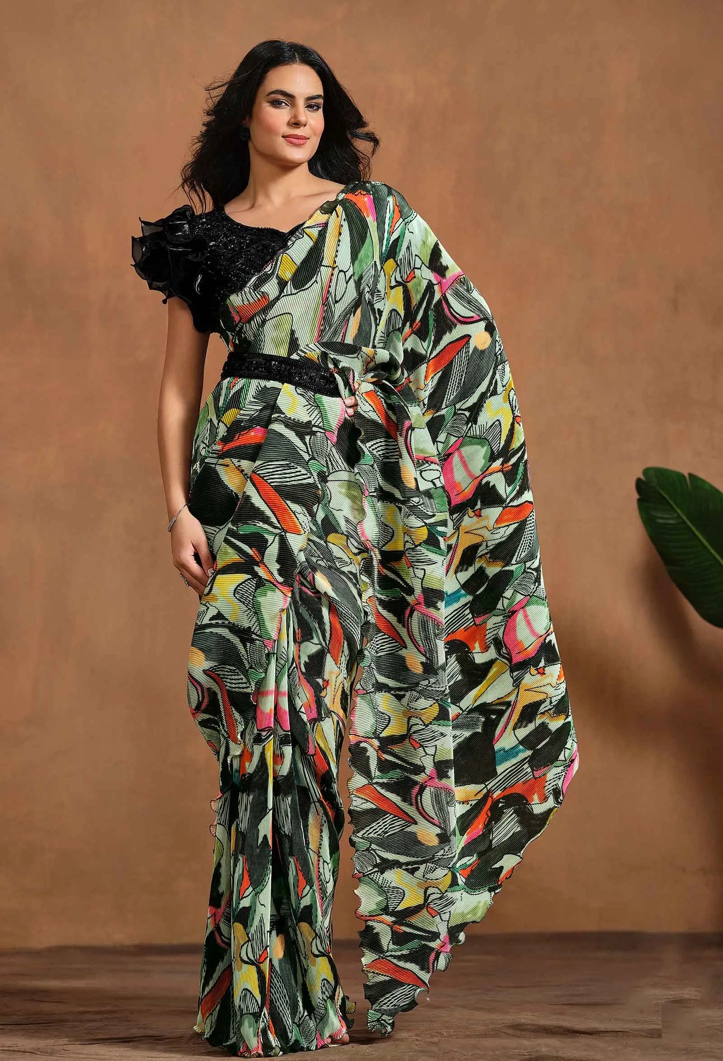 Sari Une Minute Mehrfarbig Konfektionsware / Fertigmodell | Indische Partykleidung | Traditionelles bedrucktes Kleid mit handgestickten Details