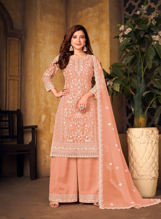 Salwar suit en filet pêche avec broderie au fil et sequins
