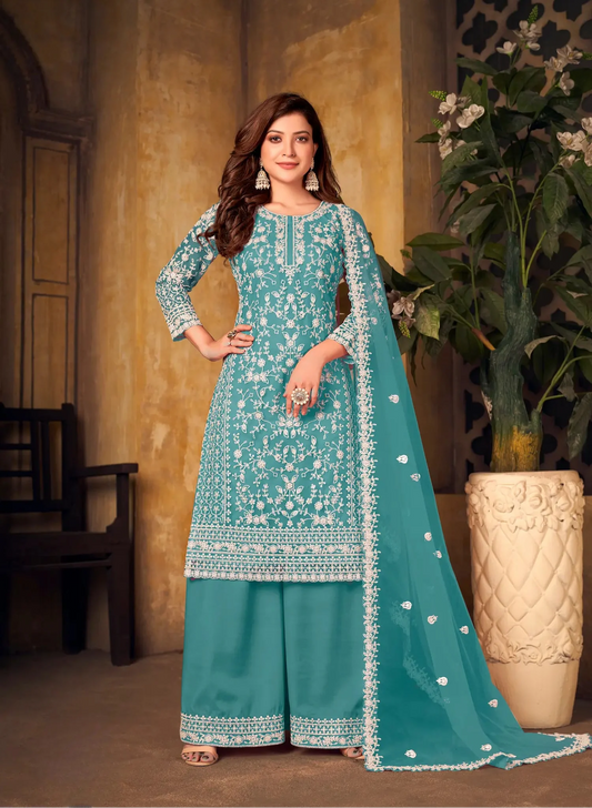 Salwar suit en filet bleu sarcelle avec broderie au fil et sequins