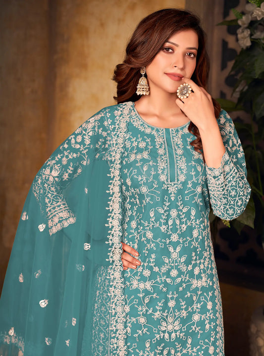 Salwar suit en filet bleu sarcelle avec broderie au fil et sequins