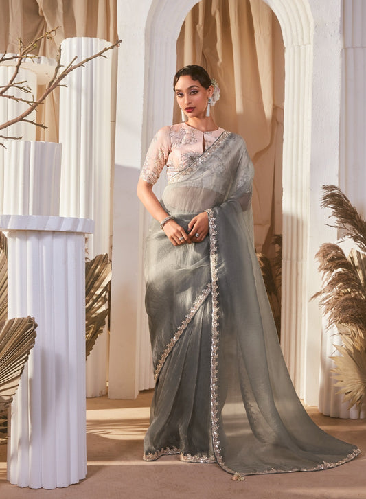 Sari moderne gris clair et beige tissu fantaisie et dentelle COLLECTION KANIKA