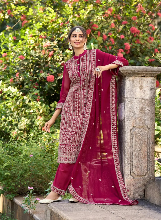 Salwar suit en soie Glory rose foncé avec broderie en fils et sequins