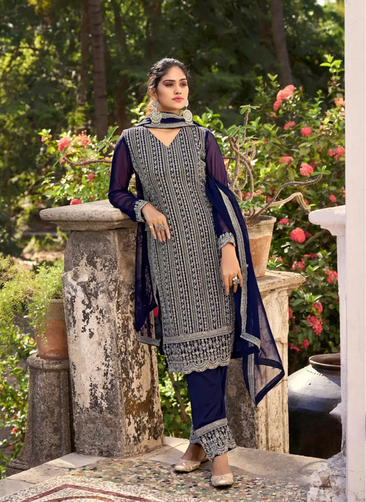Ensemble Salwar en soie Glory bleu marine avec broderie fils et sequins