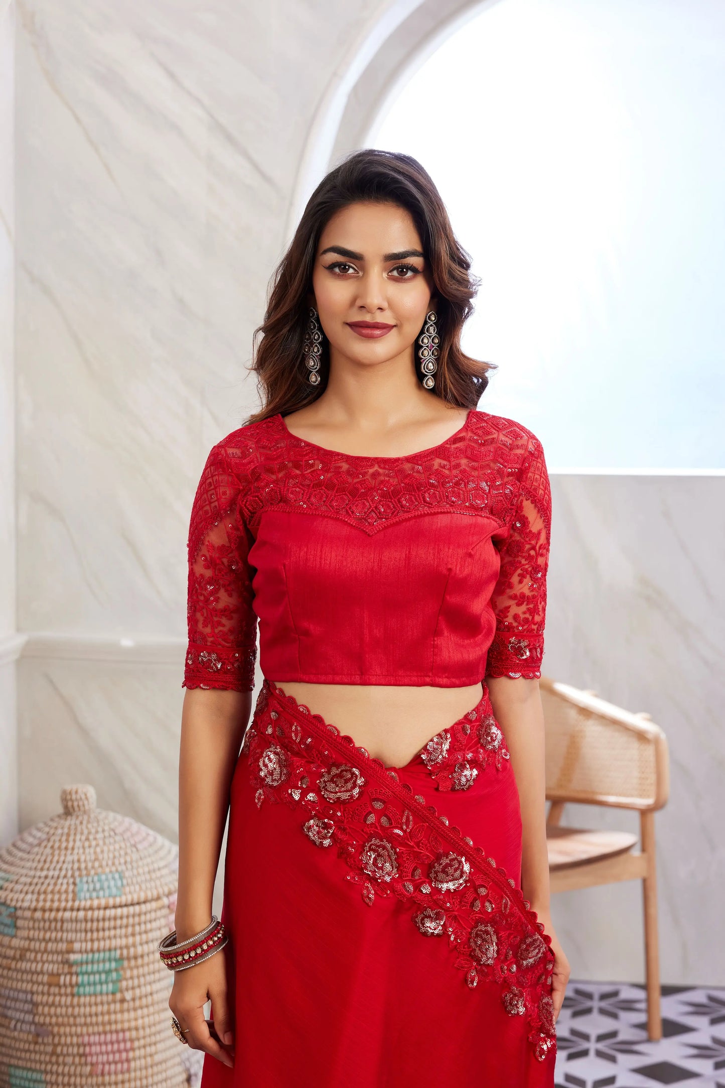 Sari en soie chiffon rouge velours
