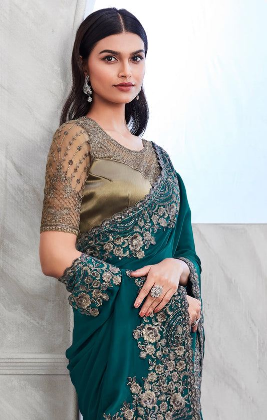Sari en soie couleur bleu-vert riche avec blouse contrastante bronze brodée