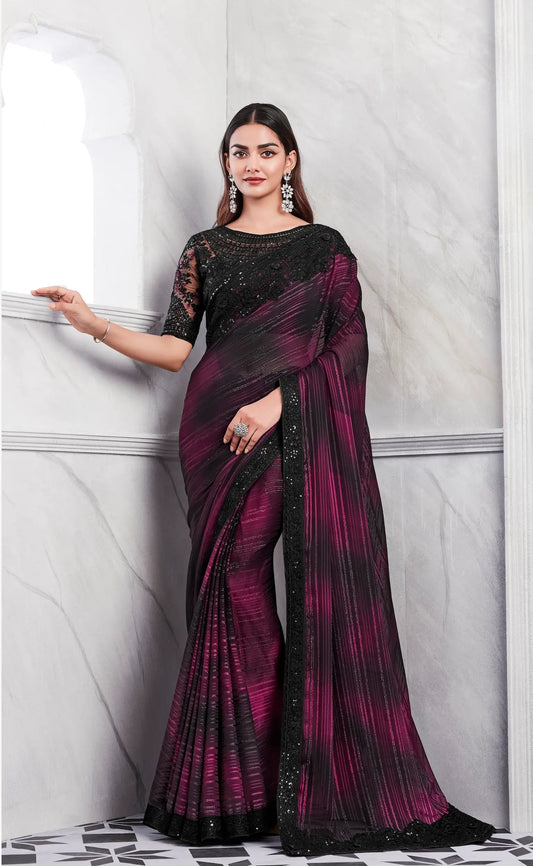 Sari en Soie à Motif Arc-en-Ciel Rouge Cerise et Noir
