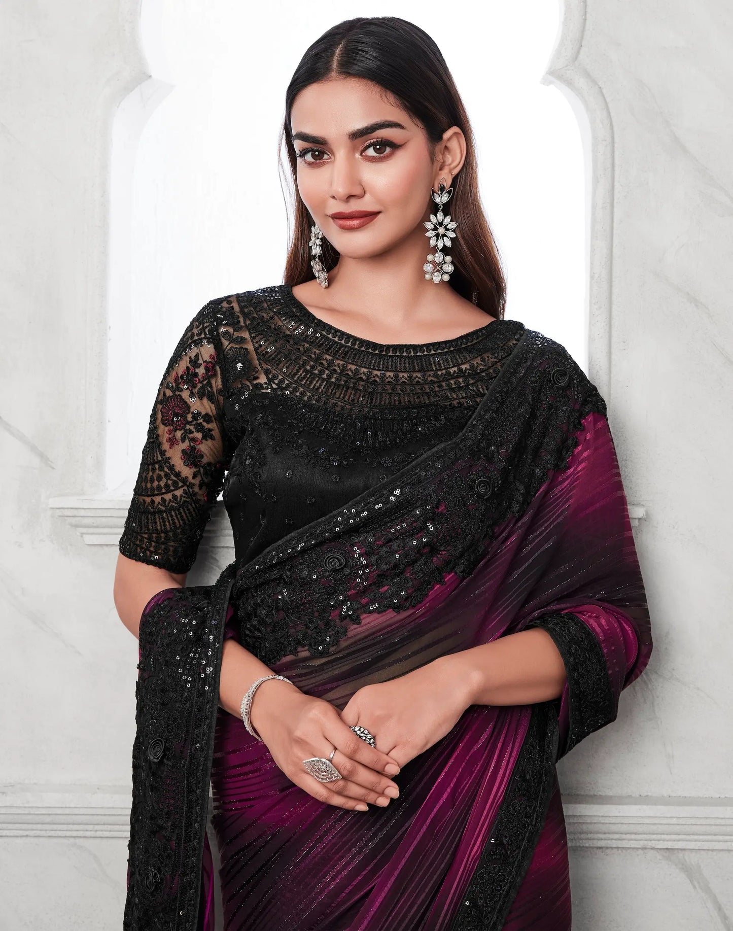 Sari en Soie à Motif Arc-en-Ciel Rouge Cerise et Noir