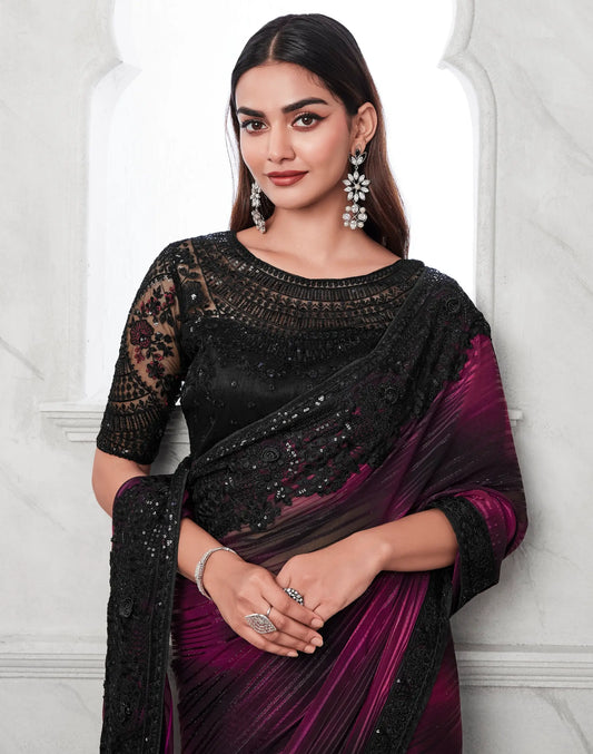 Sari en Soie à Motif Arc-en-Ciel Rouge Cerise et Noir