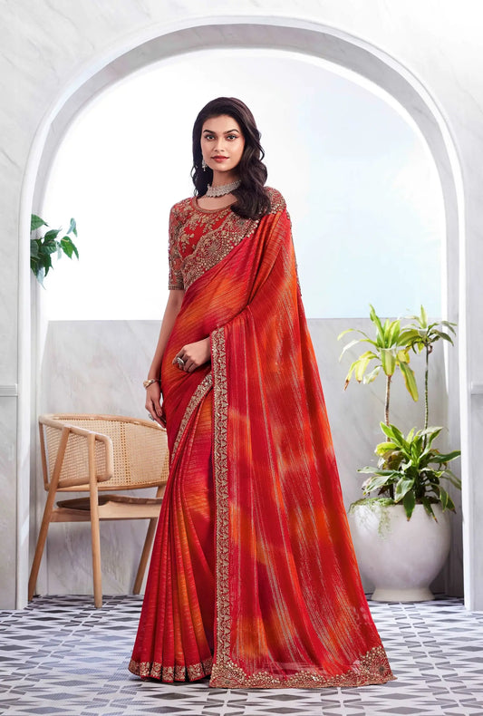 Sari en Soie pailletée Dorée Rouge Cerise