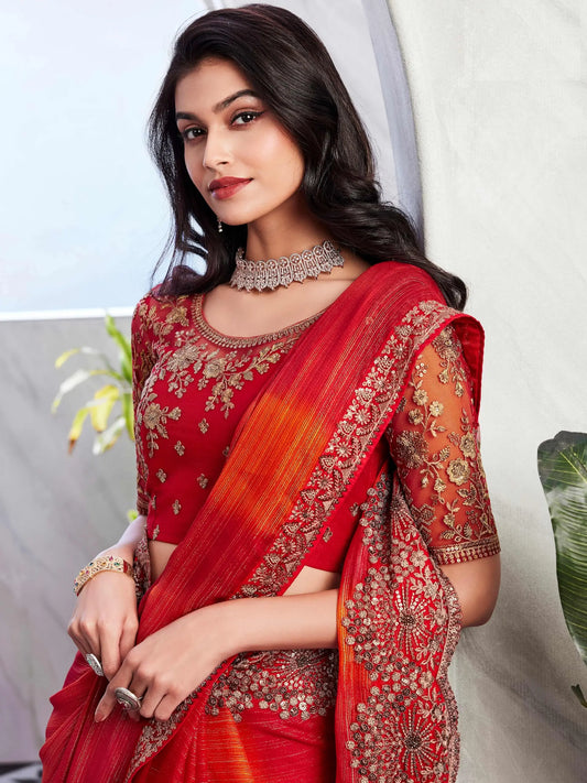 Sari en Soie pailletée Dorée Rouge Cerise