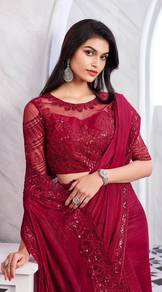 Sari soie dorée scintillante rouge cerise