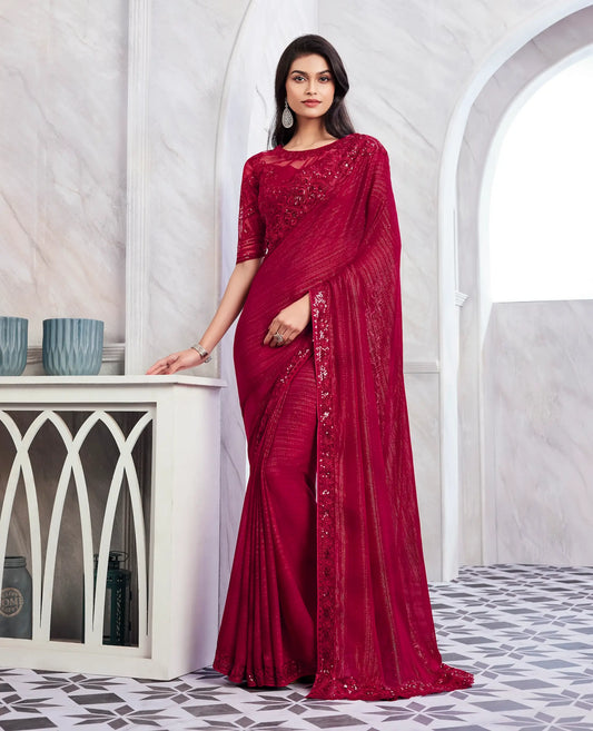 Sari soie dorée scintillante rouge cerise