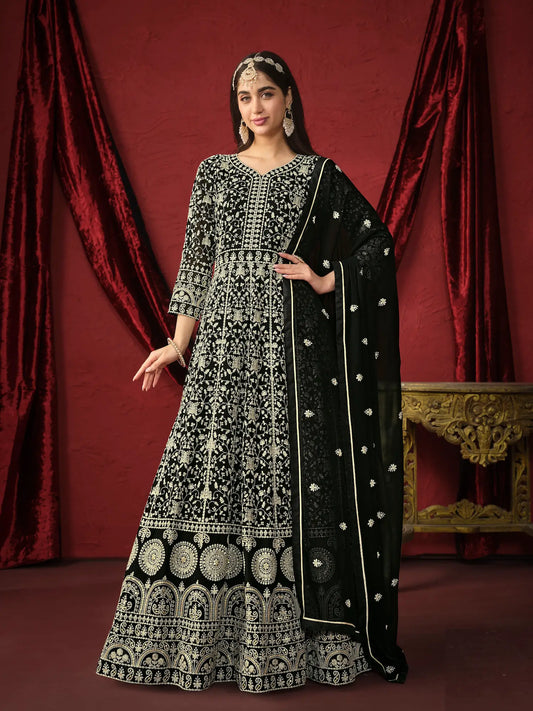 Robe Longue Noire en Georgette avec Broderie Fils & Sequins