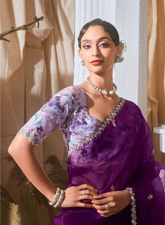 Sari moderne violet aubergine et lilas en tissu fantaisie et dentelle COLLECTION KANIKA