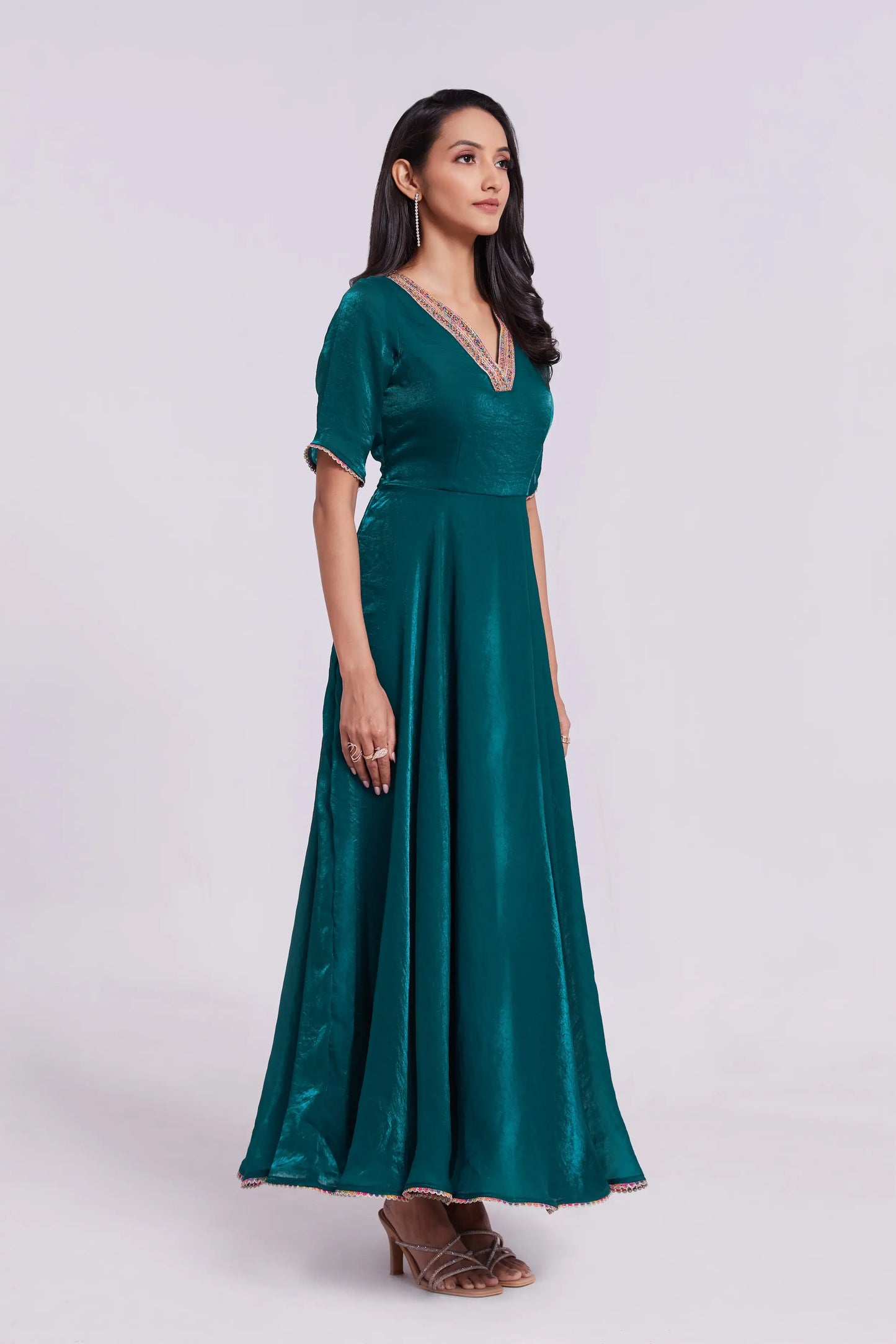 Peacock blue sheer organza long dress