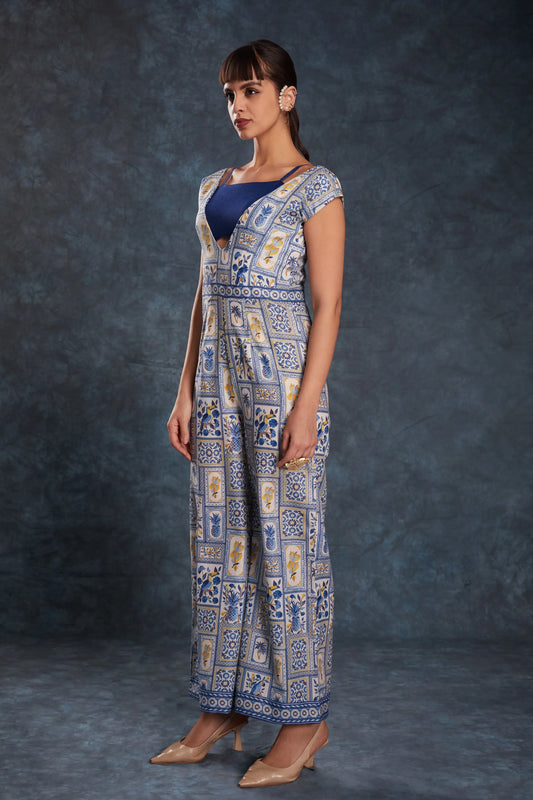 Ensemble coordonné en lin imprimé bleu marine