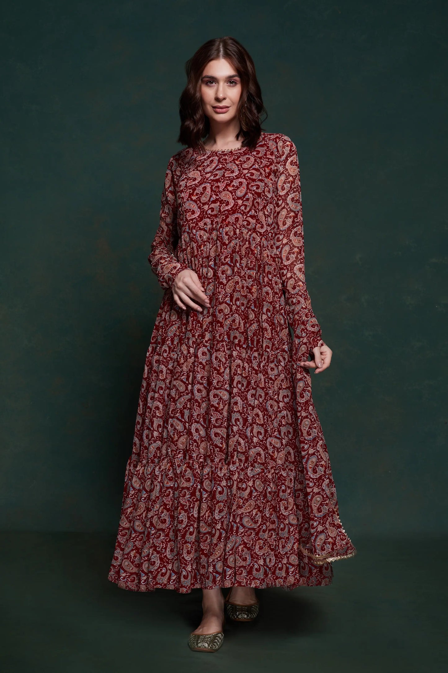 Burgundy printed dress with modern dupatta