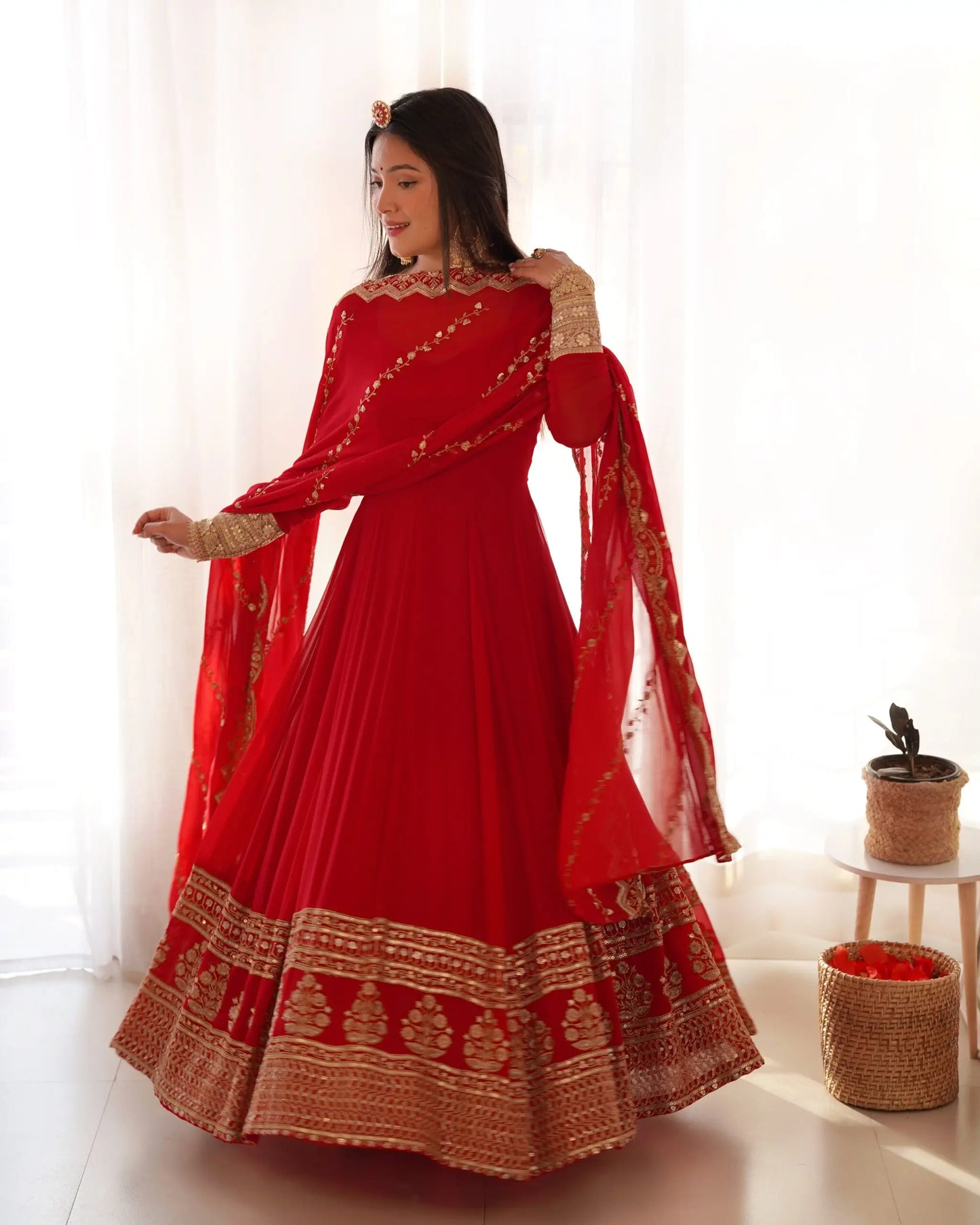 Red georgette dress with embroidery and dupatta
