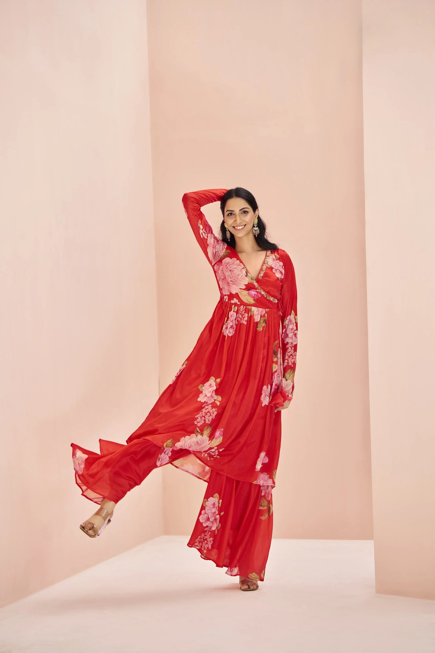 Ensemble Palazzo Rouge en Chinon Imprimé avec Broderie Artisanale