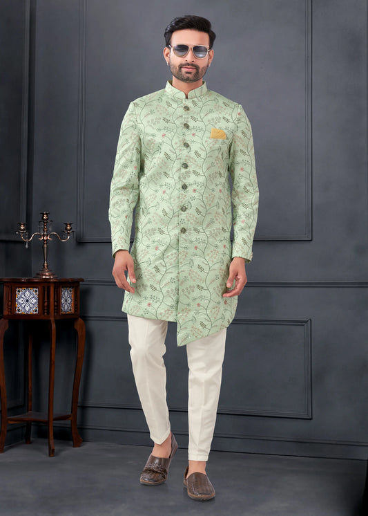 Ensemble Kurta Sophistiqué vert menthe avec broderies fleurs en soie COLLECTION ROSHAN