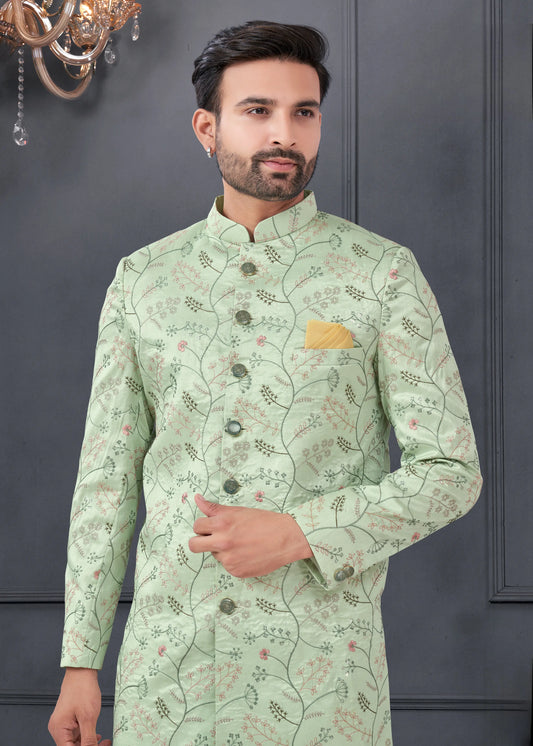Ensemble Kurta Sophistiqué vert menthe avec broderies fleurs en soie COLLECTION ROSHAN