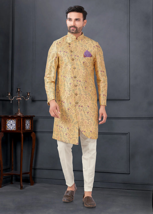 Ensemble Kurta Sophistiqué jaune avec broderies fleurs en soie COLLECTION ROSHAN