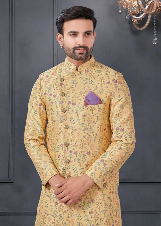 Ensemble Kurta Sophistiqué jaune avec broderies fleurs en soie COLLECTION ROSHAN