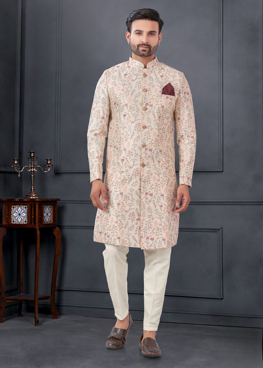 Ensemble Kurta Sophistiqué beige avec broderies fleurs en soie COLLECTION ROSHAN