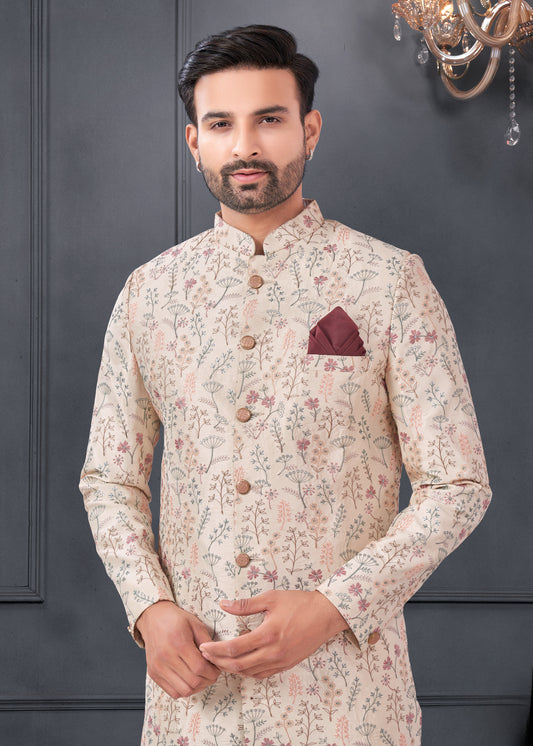 Ensemble Kurta Sophistiqué beige avec broderies fleurs en soie COLLECTION ROSHAN