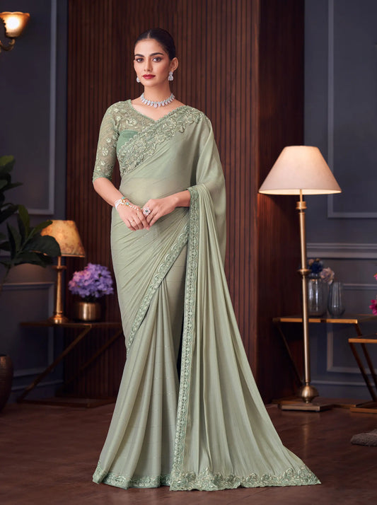 Sari de soirée vert olive en soie chiffon avec broderie au fil et sequins