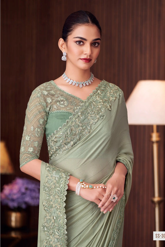 Sari de soirée vert olive en soie chiffon avec broderie au fil et sequins
