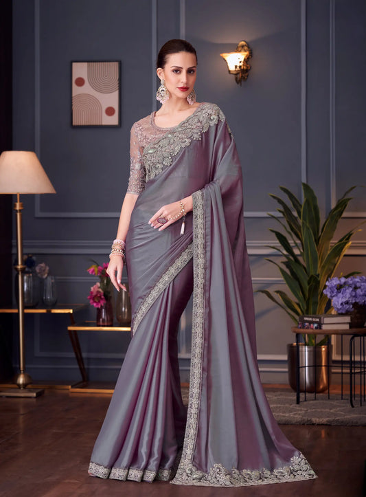 Sari de soirée violet lavande en soie chiffon avec broderie au fil et sequins