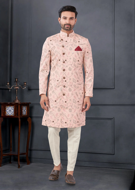 Ensemble Kurta Sophistiqué rose poudré avec broderies fleurs en soie COLLECTION ROSHAN