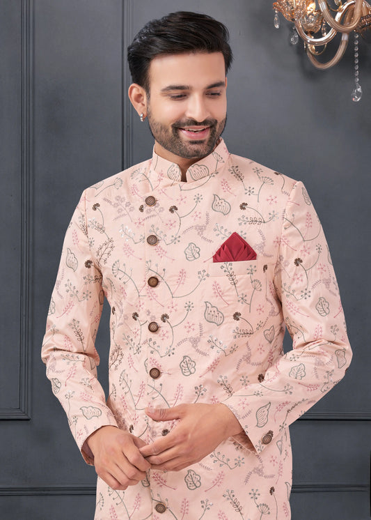 Ensemble Kurta Sophistiqué rose poudré avec broderies fleurs en soie COLLECTION ROSHAN