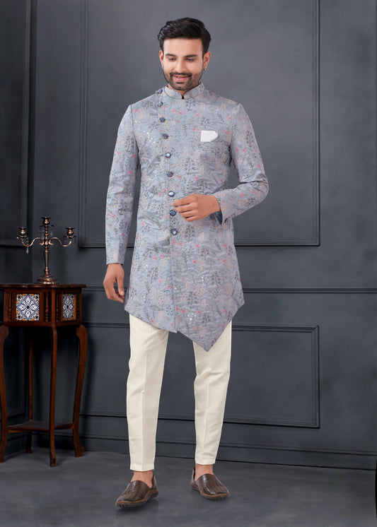 Ensemble Kurta Sophistiqué gris bleuté avec broderies fleurs en soie COLLECTION ROSHAN