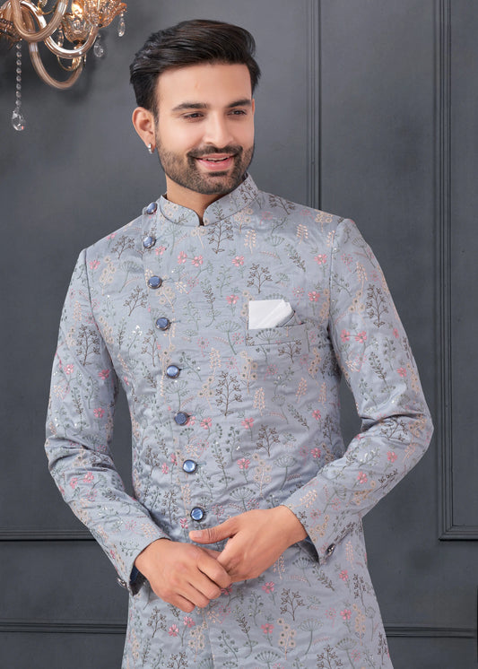 Ensemble Kurta Sophistiqué gris bleuté avec broderies fleurs en soie COLLECTION ROSHAN