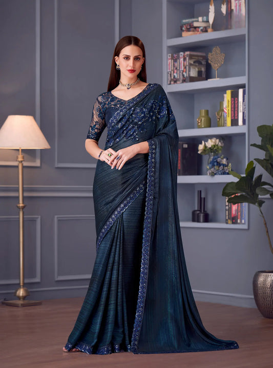 Sari de soirée en soie pailletée bleu marine avec broderie au fil et aux sequins