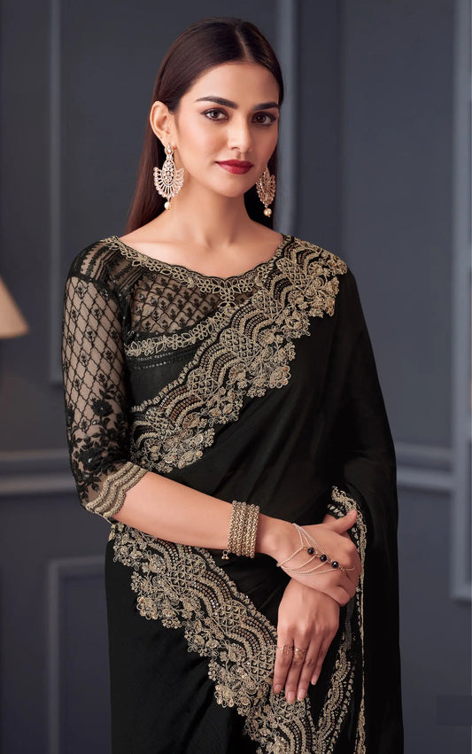 Sari noir en satin chiffon soie pour fêtes avec broderie au fil et sequins