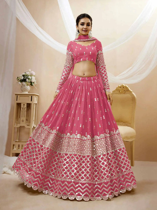 Lehenga rose clair en georgette avec broderie en sequins et zari